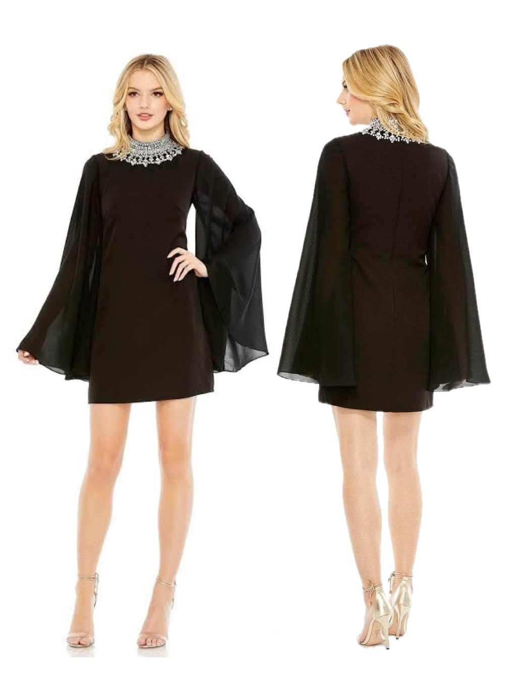 Mac Duggal 49607 sheath dress bell bat sleeves rhinestone small 4 edgy mini